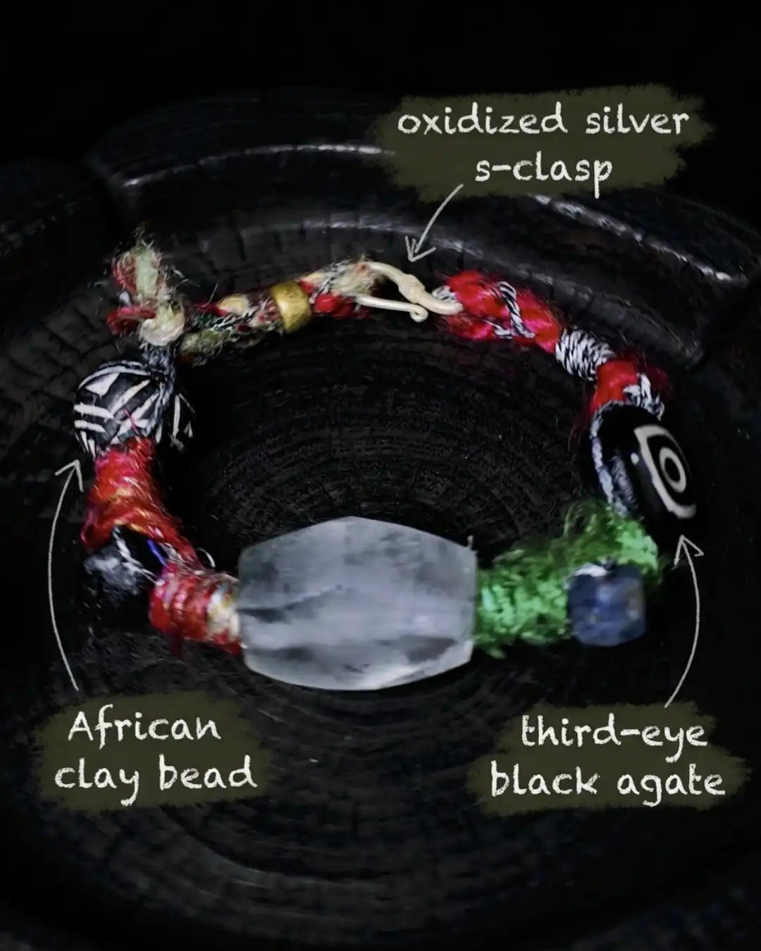 Material map for The Shaman #10 — labelled African clay bead, third-eye black agate, and oxidized silver s-clasp in the hand-knotted multi-stone bracelet.