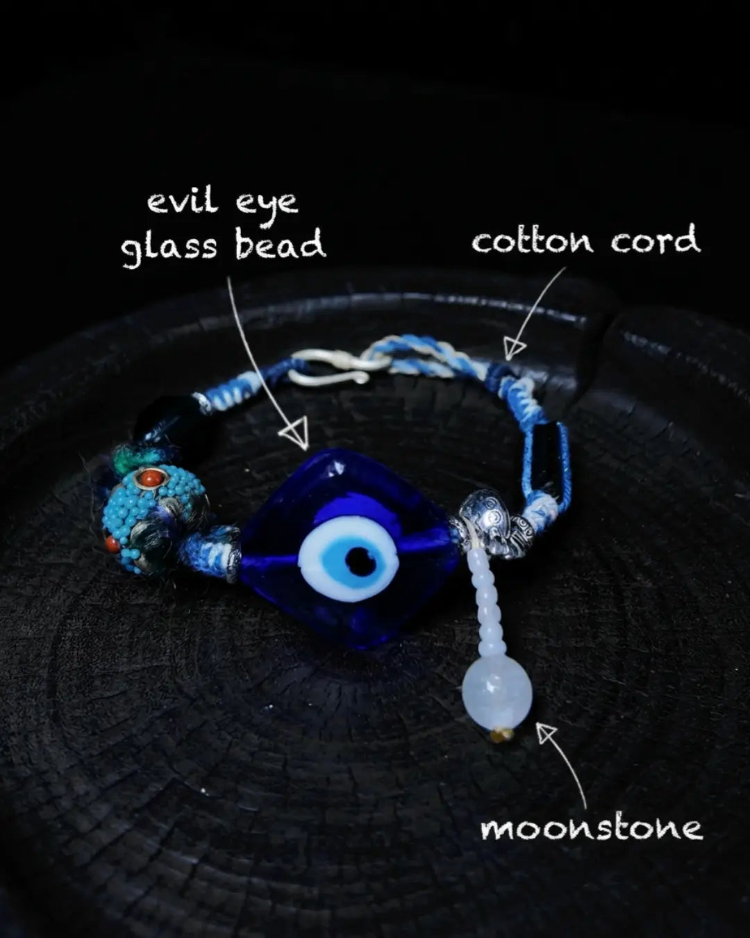Material map for The Sentinel #15 — labelled evil eye glass bead, indigo cotton cord, and moonstone drop in the hand-knotted bracelet