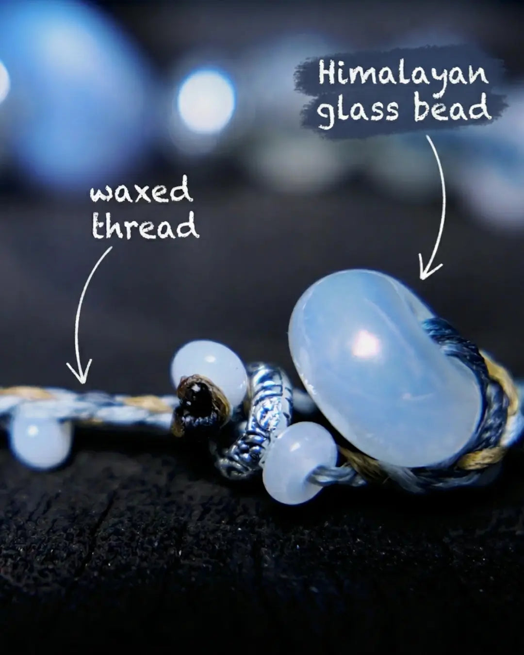 Material detail from The Oracle #17 — labelled Himalayan glass bead and waxed thread used in the hand-knotted construction