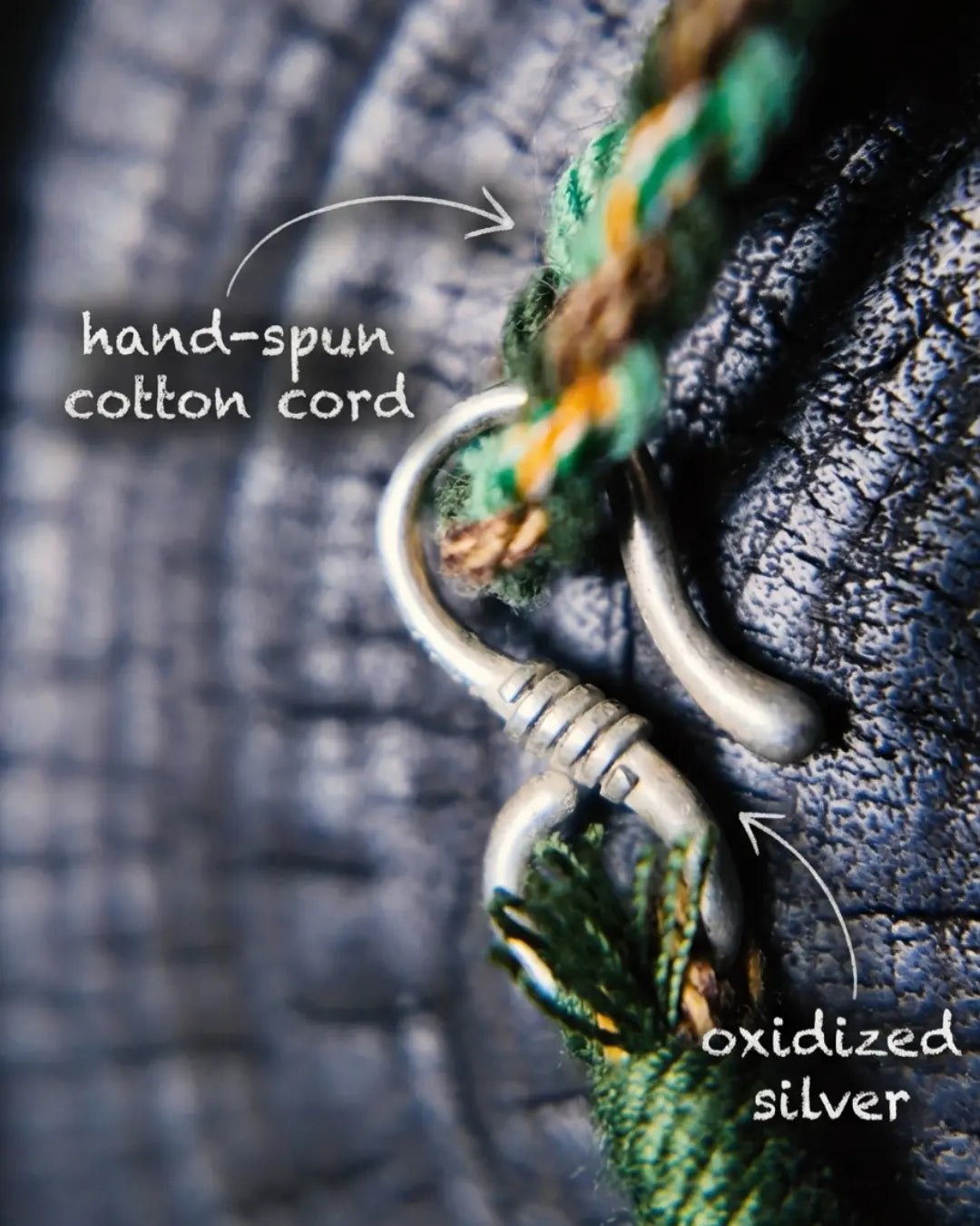 S-hook clasp macro from The Earthbound #20 — labelled hand-spun cotton cord and oxidized silver hook closure