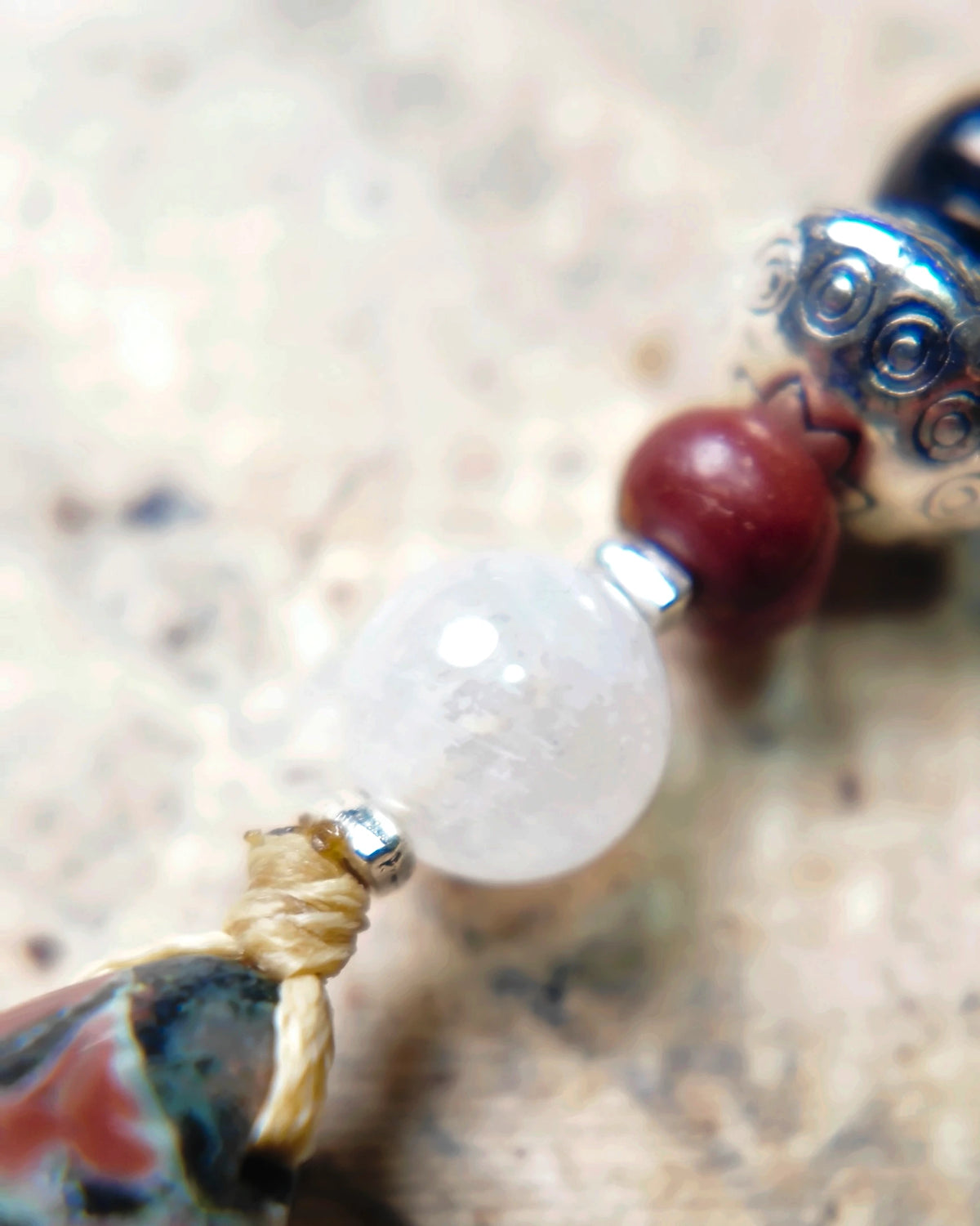 The Marissa #60: Moonstone, smaller jasper bead and cream thread connection