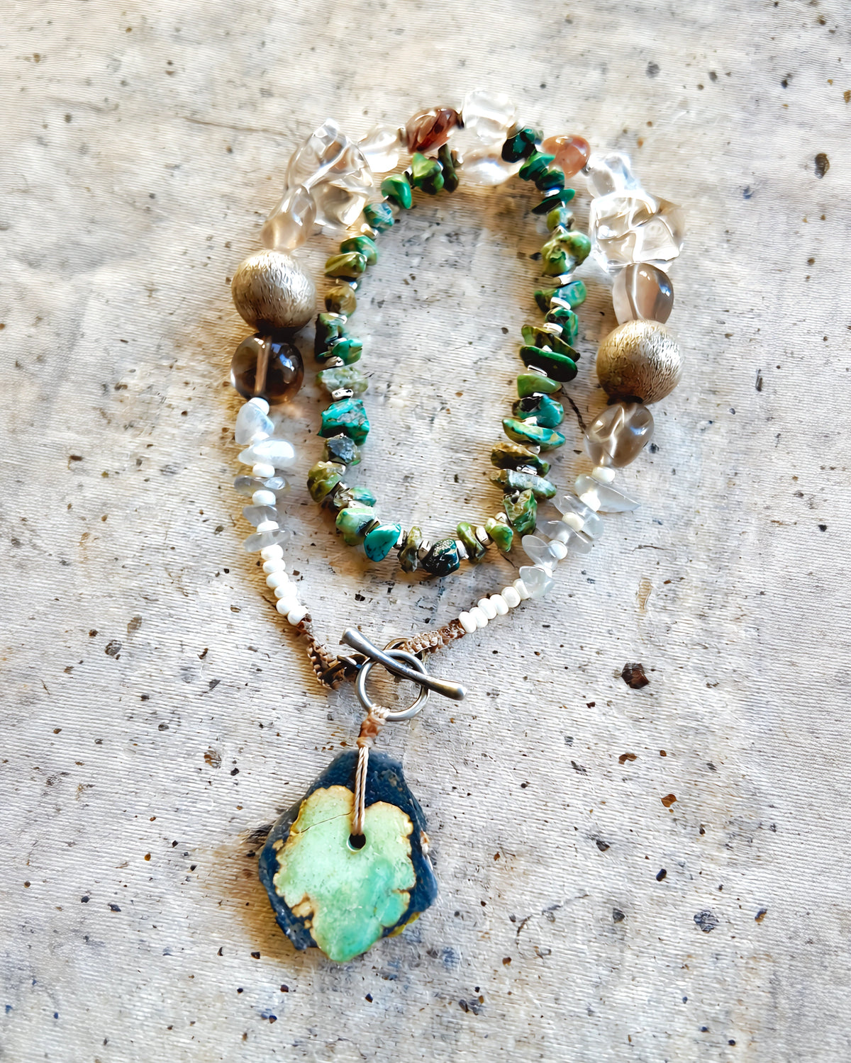 The Tidepool #50: Full strand showing turquoise chips, quartz beads and front toggle clasp
