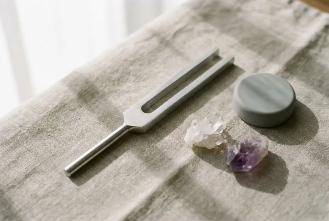 A polished steel tuning fork on oatmeal linen beside a clear quartz cluster, raw amethyst and a rubber striking puck, illustrating 4096 Hz sound cleansing for crystals