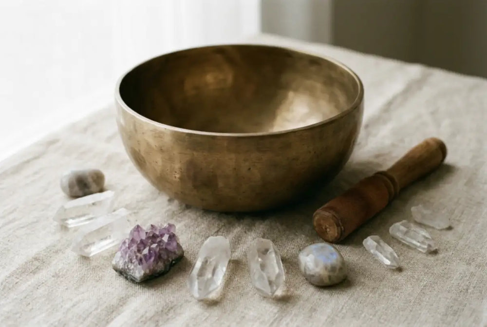A hand-hammered bronze singing bowl with a wooden mallet and an arc of natural crystals on oatmeal linen, illustrating sound cleansing for crystals