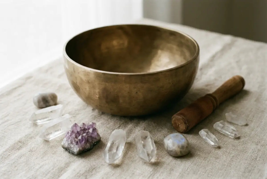 A hand-hammered bronze singing bowl with a wooden mallet and an arc of natural crystals on oatmeal linen, illustrating sound cleansing for crystals