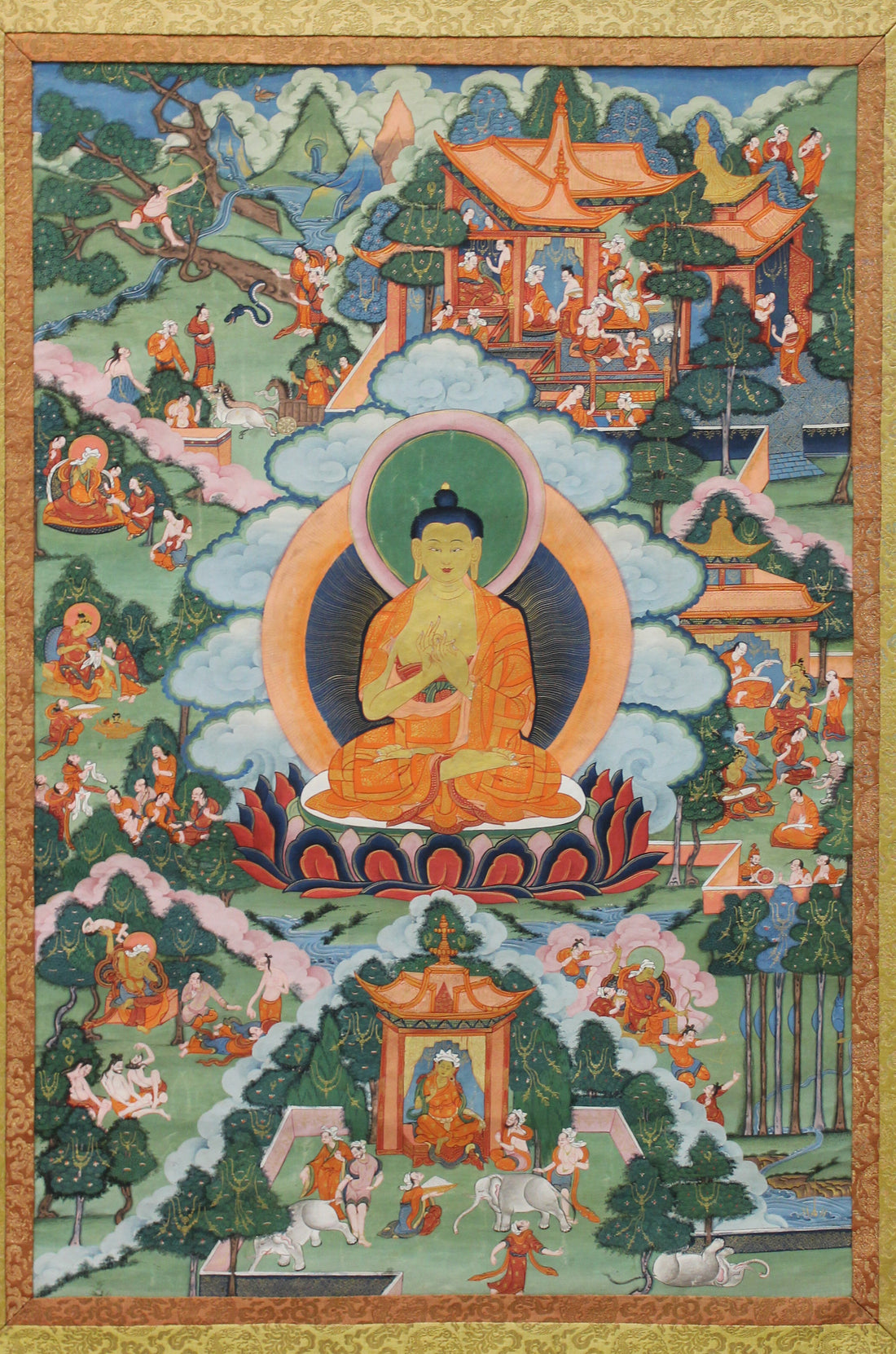 Thangka with Buddha, Tibet, 19th century, pigment on cloth, The Metropolitan Museum of Art, public domain; the central Buddha sits above teachers and attendants.