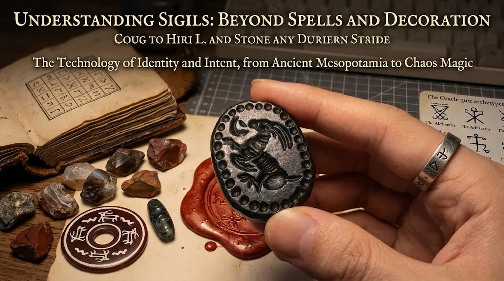 Hand holding a carved black wax sigil seal with red wax beside it under the headline 'Understanding Sigils: Beyond Spells and Decoration'