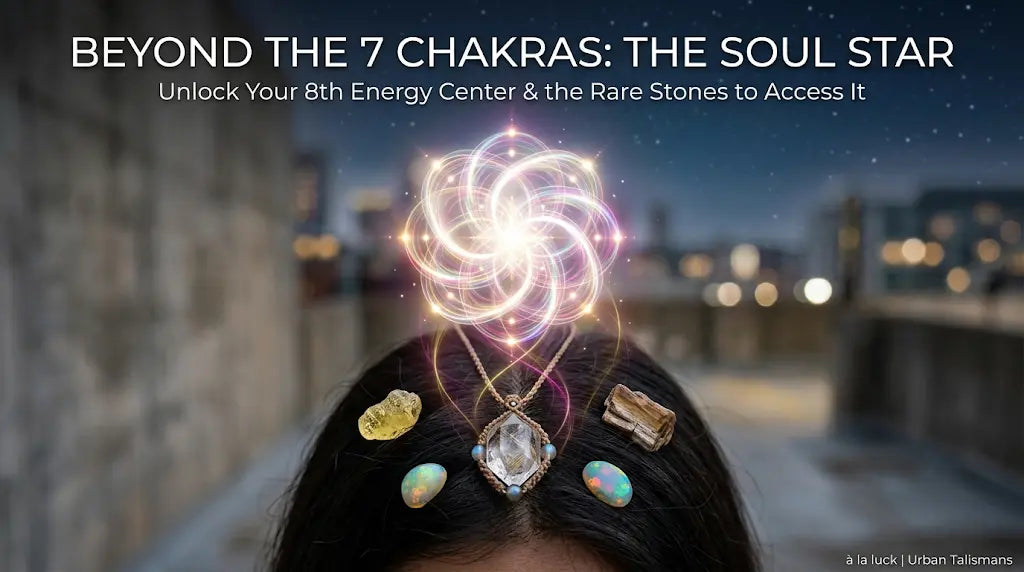 Forehead-up portrait of a woman beneath a glowing galactic spiral above her crown representing the Soul Star, with raw Libyan Gold Tektite, opals, à la luck quartz pendant and selenite in her hair. Headline: BEYOND THE 7 CHAKRAS: THE SOUL STAR