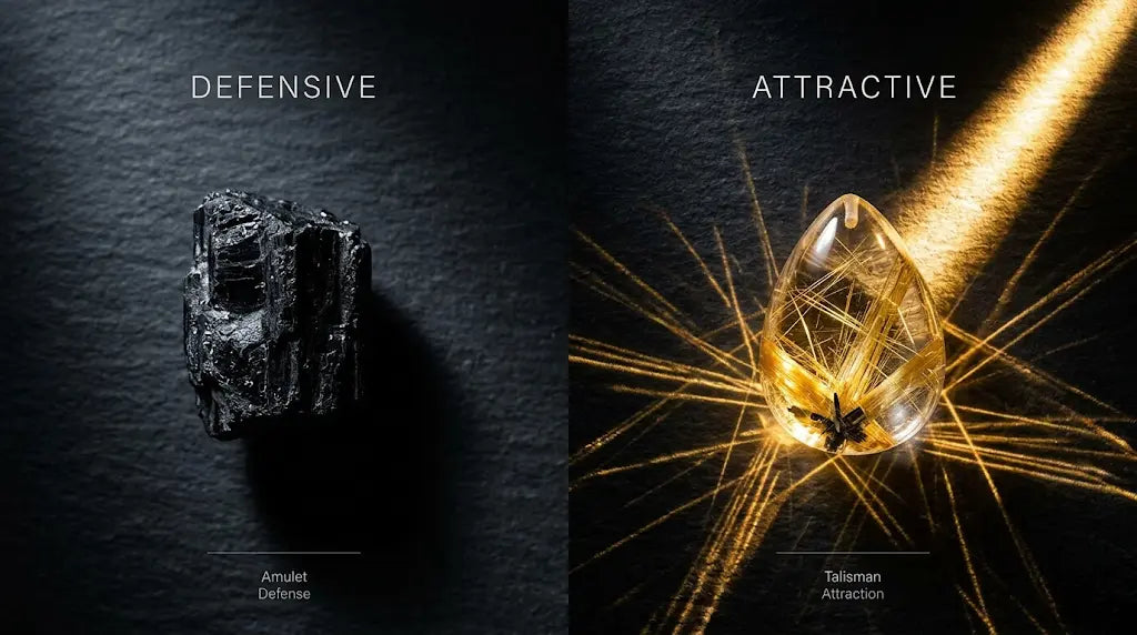 Diptych on dark slate: raw black tourmaline labelled 'DEFENSIVE — Amulet Defense' on the left; teardrop gold rutilated quartz cabochon radiating golden rays labelled 'ATTRACTIVE — Talisman Attraction' on the right