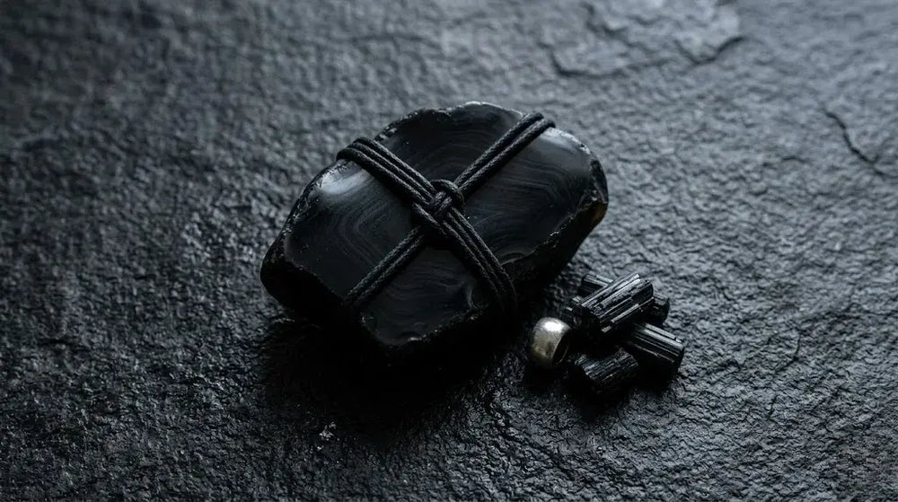 À la luck hand-knotted black agate flat-slab pendant tied with crisscrossed black cord on dark slate, beside three small raw black tourmaline rod fragments and a silver bead — black agate bracelet, protection and root chakra guide