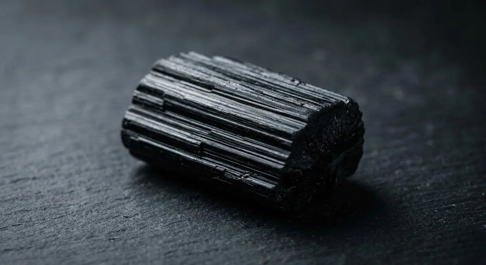 Macro of a raw black tourmaline (schorl) crystal rod showing classic vertical striations on dark slate — featured image for the black tourmaline meaning, protection and root chakra guide