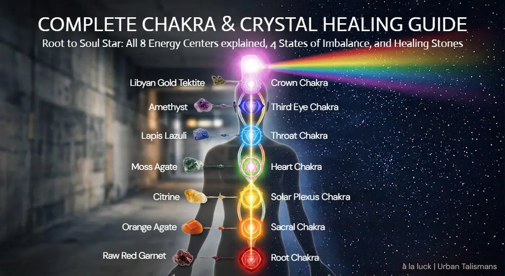 Silhouette figure with seven chakra points lit and a rainbow beam past the crown for the Soul Star, paired with Libyan Gold Tektite, Amethyst, Lapis Lazuli, Moss Agate, Citrine, Orange Agate, Raw Red Garnet — COMPLETE CHAKRA & CRYSTAL HEALING GUIDE
