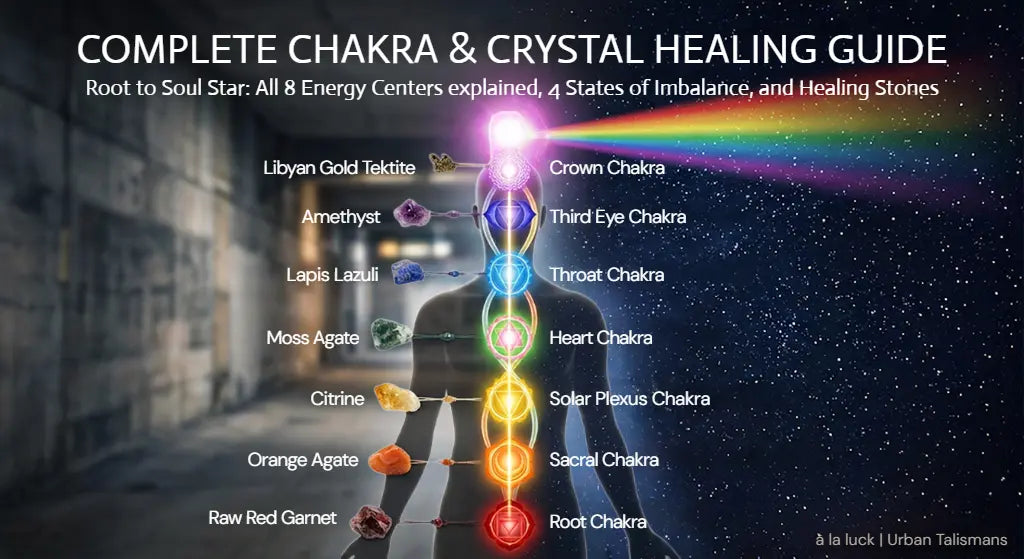 Silhouette figure with seven chakra points lit and a rainbow beam past the crown for the Soul Star, paired with Libyan Gold Tektite, Amethyst, Lapis Lazuli, Moss Agate, Citrine, Orange Agate, Raw Red Garnet — COMPLETE CHAKRA & CRYSTAL HEALING GUIDE
