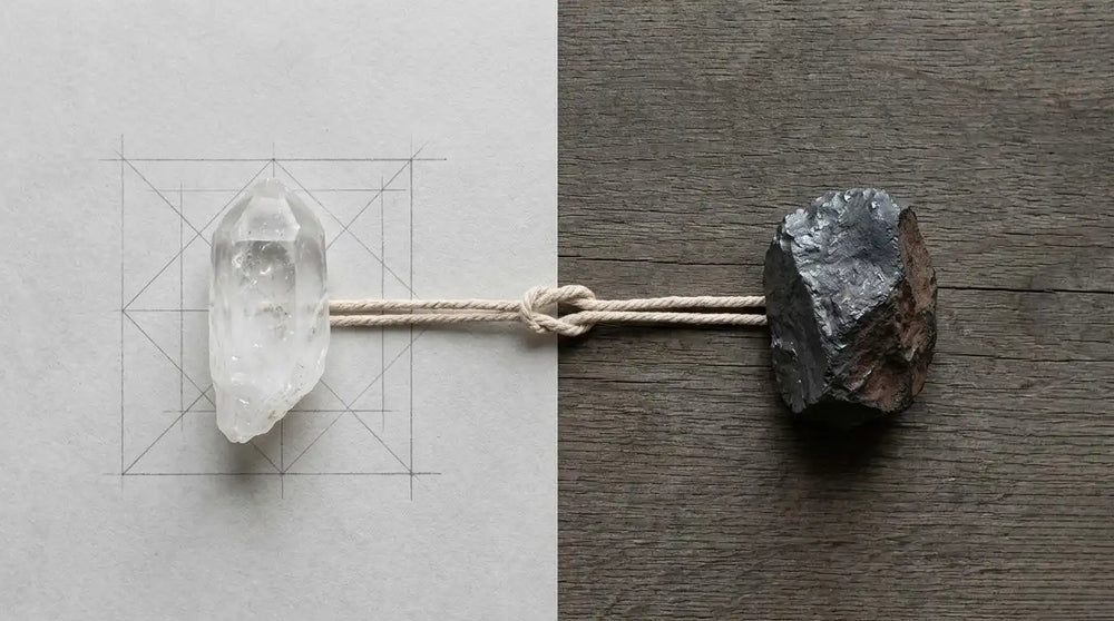 Diptych: raw clear quartz point on white paper with hand-pencilled Sri-Yantra geometric overlay on left; raw rough hematite-like stone on weathered wood on right; the two halves linked across the centre by a single hemp cord knotted in the middle