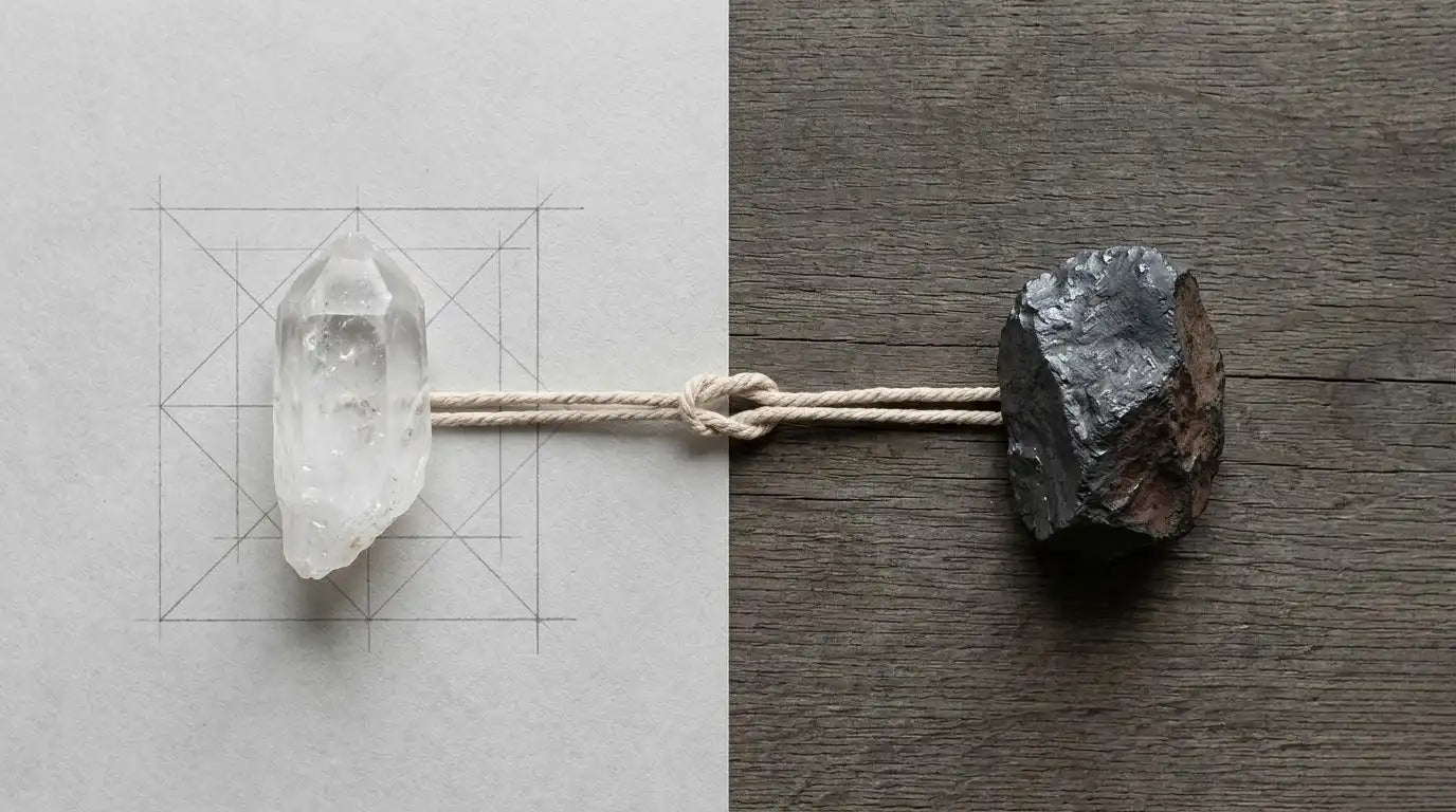 Diptych: raw clear quartz point on white paper with hand-pencilled Sri-Yantra geometric overlay on left; raw rough hematite-like stone on weathered wood on right; the two halves linked across the centre by a single hemp cord knotted in the middle