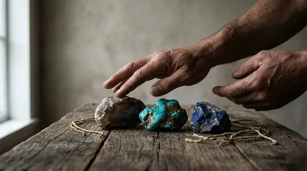 Maker's weathered hands hovering above three raw stones lined up on a wooden table — raw obsidian on the left, raw natural turquoise nugget in the centre, raw lapis lazuli on the right — with hemp cord coiled beside them