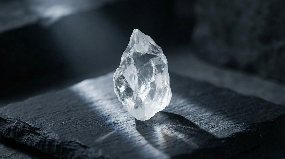 Single raw double-terminated clear quartz / herkimer-style crystal lit by a shaft of light on dark slate — featured image for the clear quartz and herkimer meaning, boundaries and clarity guide