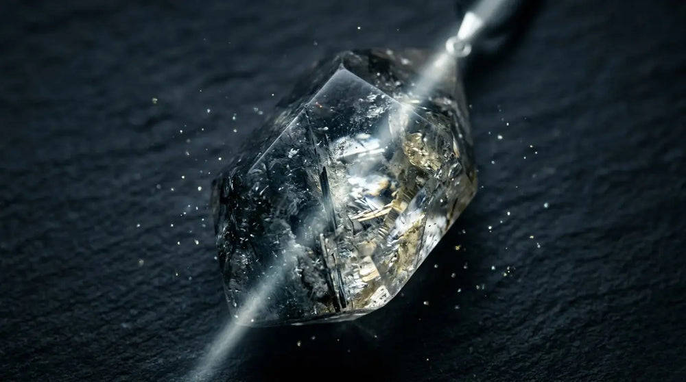Macro of a raw clear quartz point pendant with internal black tourmaline needle inclusions and iron staining catching a beam of light on dark textured surface — featured image for the clear vs opaque inclusion quartz energy guide