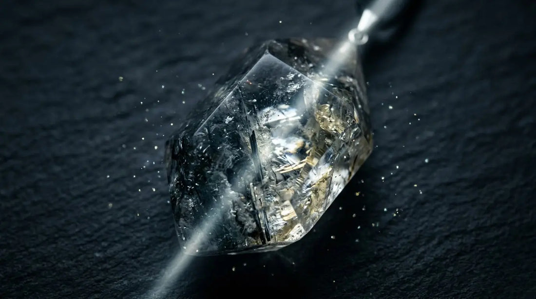 Macro of a raw clear quartz point pendant with internal black tourmaline needle inclusions and iron staining catching a beam of light on dark textured surface — featured image for the clear vs opaque inclusion quartz energy guide