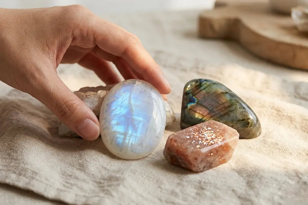 Feldspar family — Moonstone, Labradorite, and Sunstone showing adularescence, labradorescence, and aventurescence optical effects from one mineralogical lineage