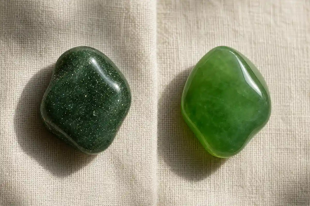 Side by side polished beads. Left: green aventurine with internal mica sparkle (aventurescence). Right: imperial green jadeite with glassy waxy surface and no sparkle. Diagnostic visual difference between aventurine quartzite and jade.