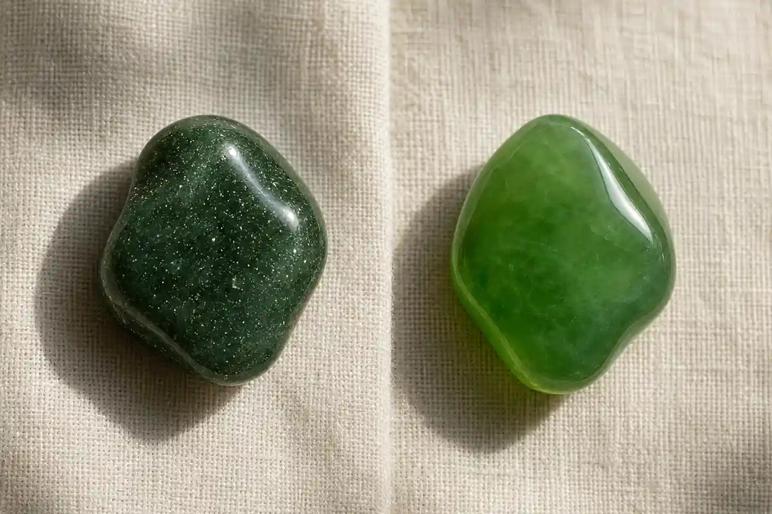 Side by side polished beads. Left: green aventurine with internal mica sparkle (aventurescence). Right: imperial green jadeite with glassy waxy surface and no sparkle. Diagnostic visual difference between aventurine quartzite and jade.