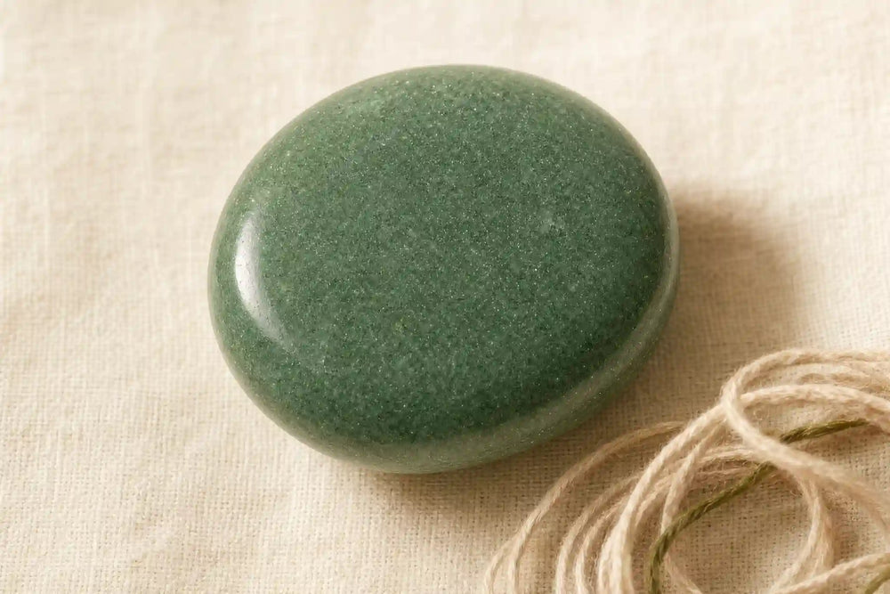Green Aventurine polished palm stone showing fuchsite mica sparkle (aventurescence) across deep green quartzite surface, photographed on natural linen for à la luck Wood-element Heart-chakra stone deep-dive.