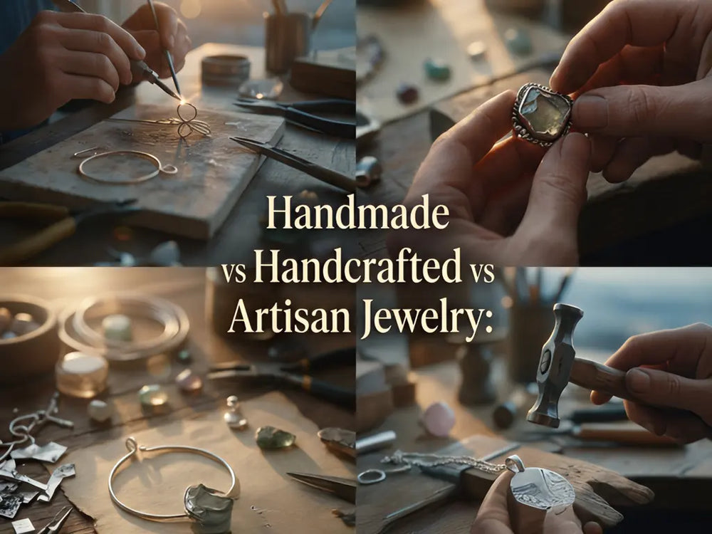 Handmade vs Handcrafted vs Artisan Jewelry: four panels of a jeweler's hands at a workbench — soldering a wire cuff, holding a bronze ring with a yellow stone, a bangle with green cabochon among loose stones, and a small hammer over a silver pendant.
