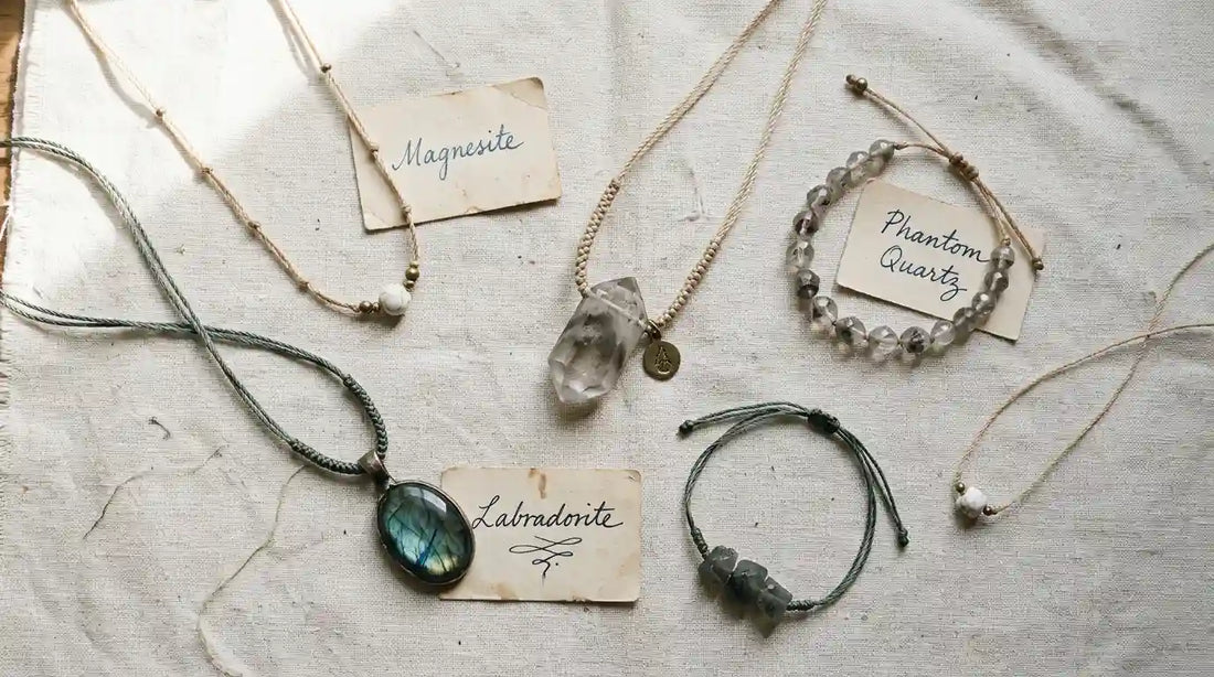Flat-lay of five handmade crystal talismans on cream linen — hand-knotted cord work in macro detail. Three paper cards label stones in plain mineralogical names: Magnesite, Phantom Quartz, Labradorite. Soft morning light, considered composition.