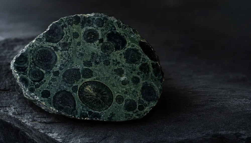 Kambaba Jasper polished sphere showing dark orbicular eye patterns in deep green Aegirine-rich rhyolite matrix, Madagascar origin