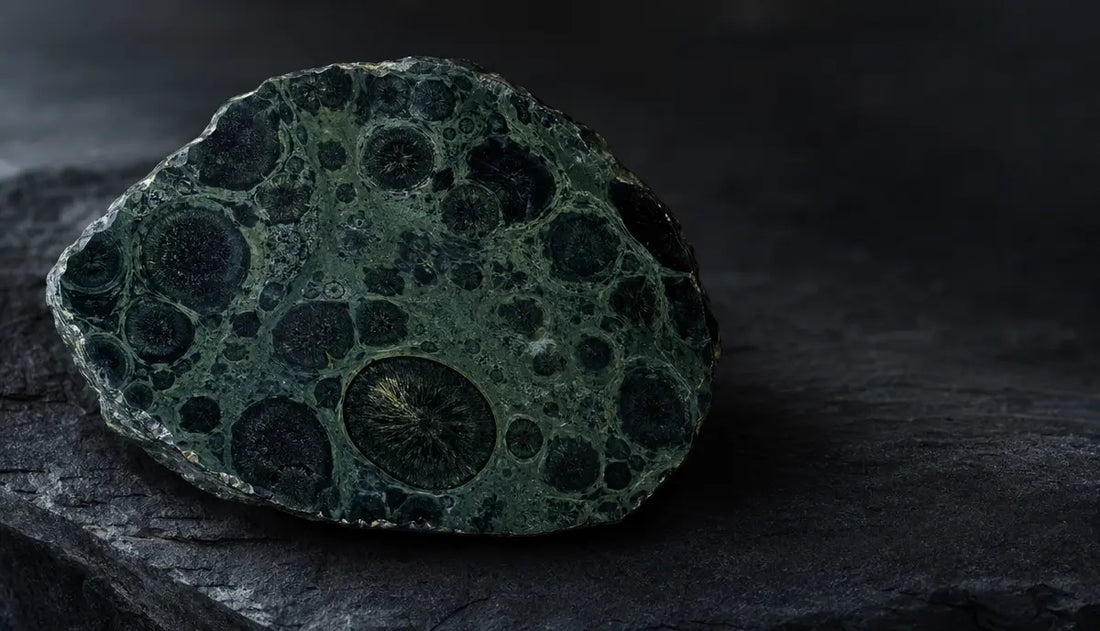 Kambaba Jasper polished sphere showing dark orbicular eye patterns in deep green Aegirine-rich rhyolite matrix, Madagascar origin