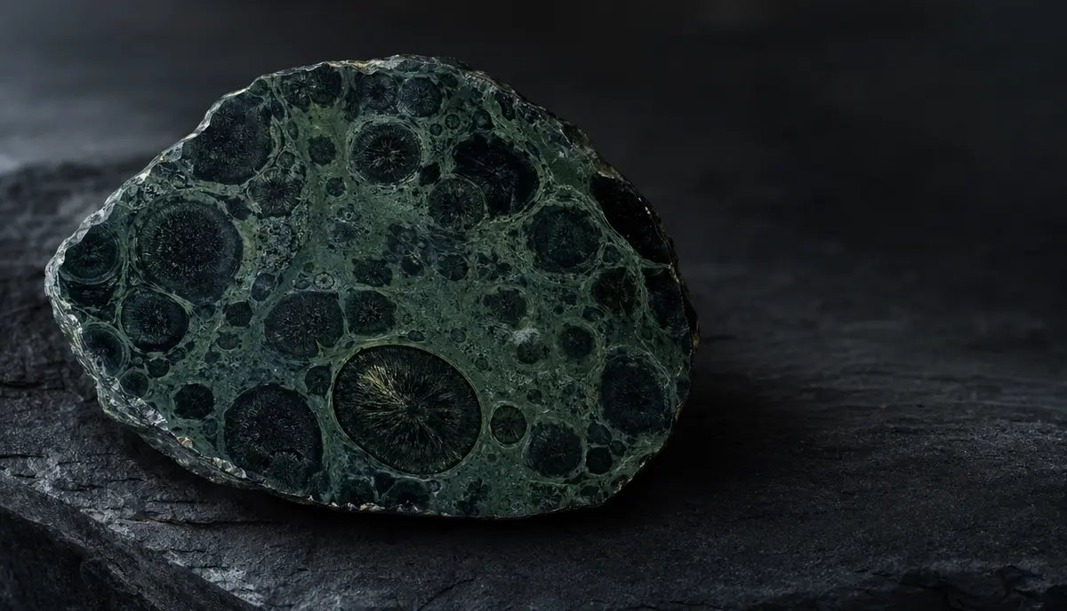 Kambaba Jasper polished sphere showing dark orbicular eye patterns in deep green Aegirine-rich rhyolite matrix, Madagascar origin