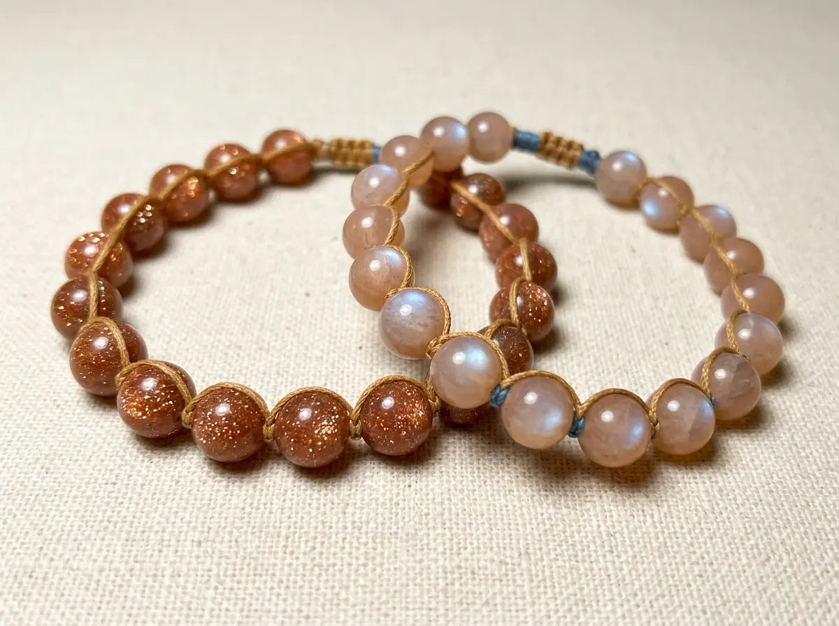 Sunstone bracelet next to orange moonstone bracelet under matching warm light, showing aventurescence glitter on the left and adularescence soft sheen on the right — feldspar family identification comparison.