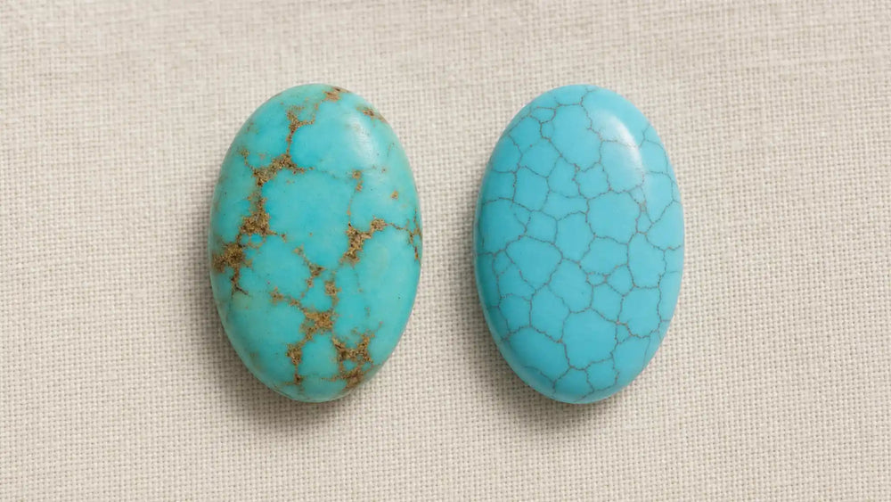 Two turquoise cabochons side by side on neutral linen — left: natural turquoise with organic golden-brown matrix veining; right: reconstituted turquoise with uniform sky-blue color and faint printed matrix lines. Diagnostic visual comparison.