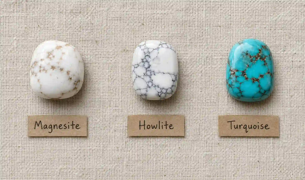 Three stones side by side: white Magnesite with brown veining, white Howlite with grey spiderweb veining, pale blue Turquoise cabochon — identification comparison for the honest guide at à la luck