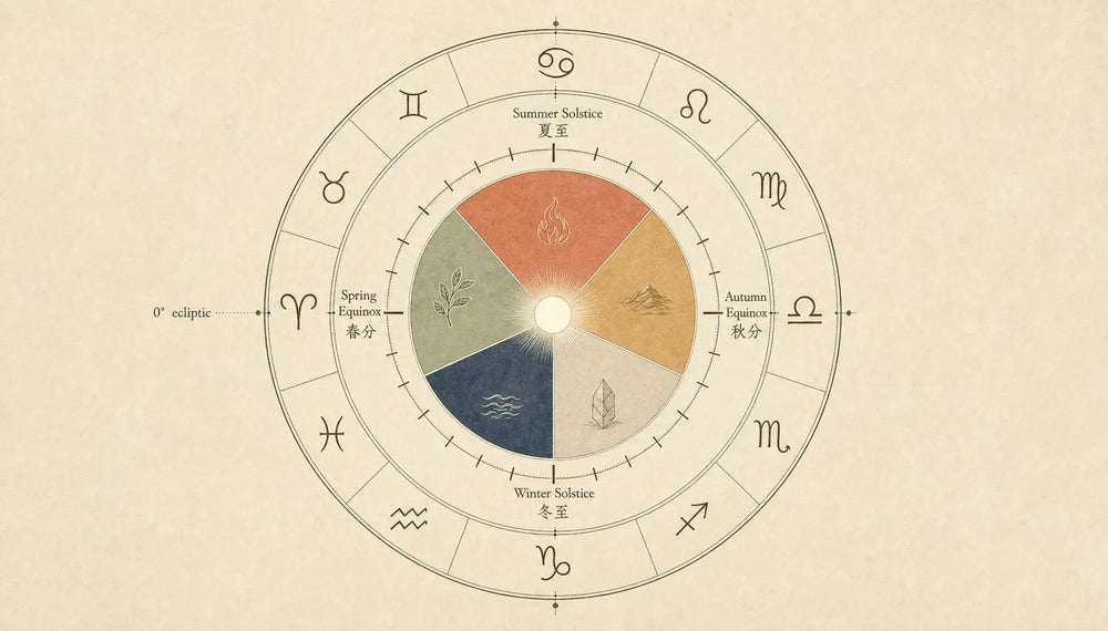 A three-layer wheel aligning Western zodiac signs with Chinese 24 solar terms and Wu Xing's five phases — showing how the spring equinox marks the start of both Aries and the Wood phase at zero degrees ecliptic.