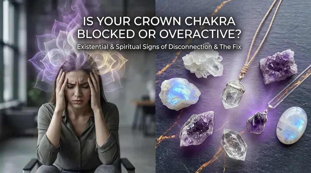 Split editorial: woman pressing temples under a violet smoke crown and lotus aura on left; clear quartz cluster, amethyst geode, rainbow moonstone and herkimer-style raw quartz pendants on gold-veined slate on right. CROWN CHAKRA BLOCKED OR OVERACTIVE?