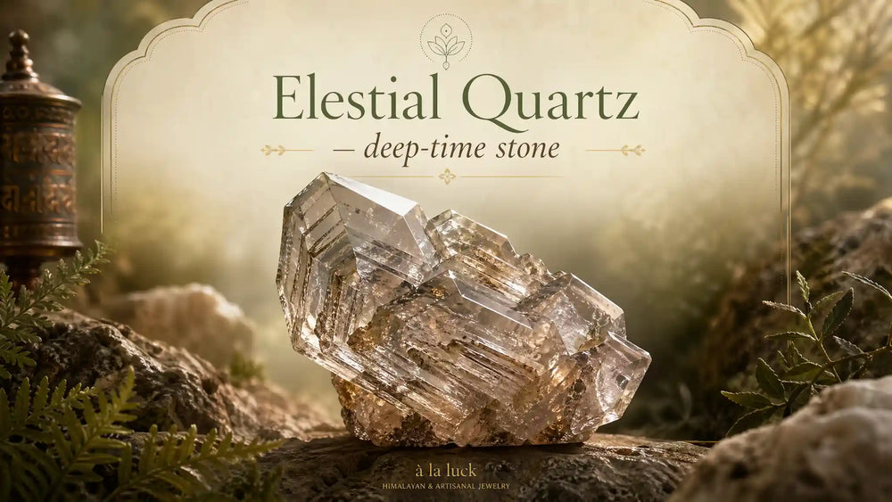 Elestial quartz specimen with multi-terminated etched surface and layered hopper windows, photographed against a neutral background