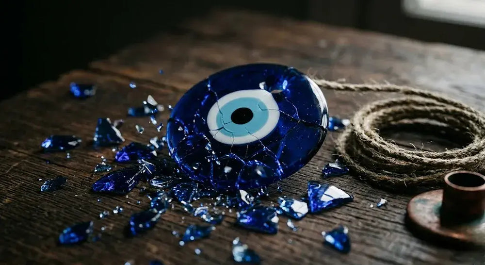 Cracked classic blue glass nazar evil-eye amulet with shattered cobalt glass shards scattered around it on weathered dark wood, beside a coil of natural jute twine and a copper bowl — authentic nazar meaning and protection guide