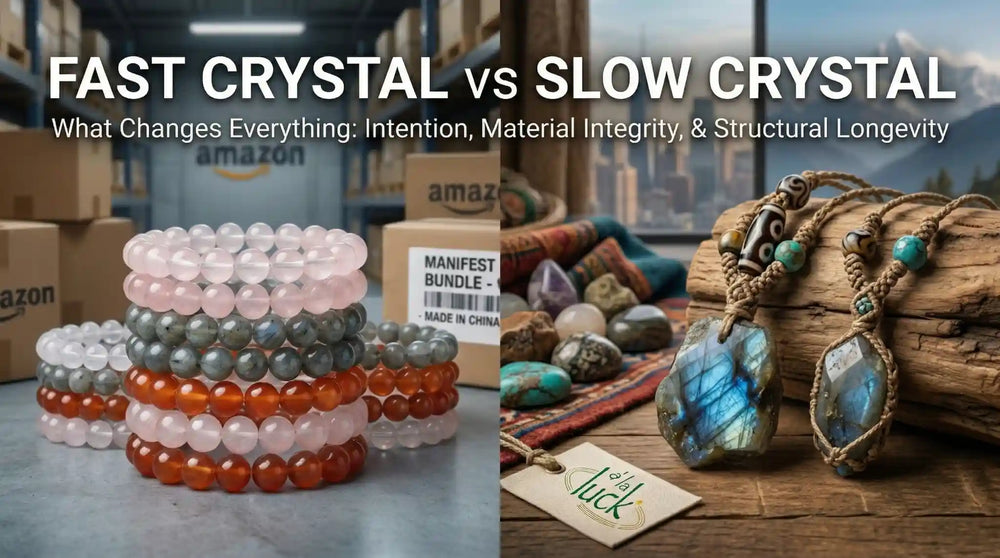 Diptych: 'MANIFEST BUNDLE MADE IN CHINA' Amazon boxes with mass-produced round-bead bracelets on left; à la luck workbench with two hand-knotted raw labradorite dzi pendants and brand hangtag on right. Headline: FAST CRYSTAL vs SLOW CRYSTAL