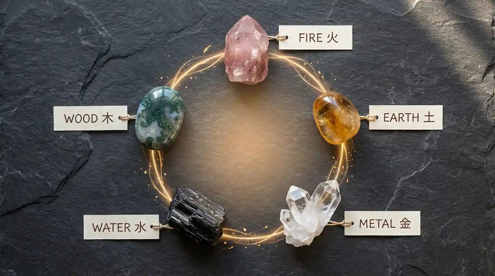 Five raw stones arranged in a circle on dark slate with wooden tags labelled WOOD 木, FIRE 火, EARTH 土, METAL 金, WATER 水 connected by glowing lines — featured image for the Wu Xing Five Elements crystal system guide