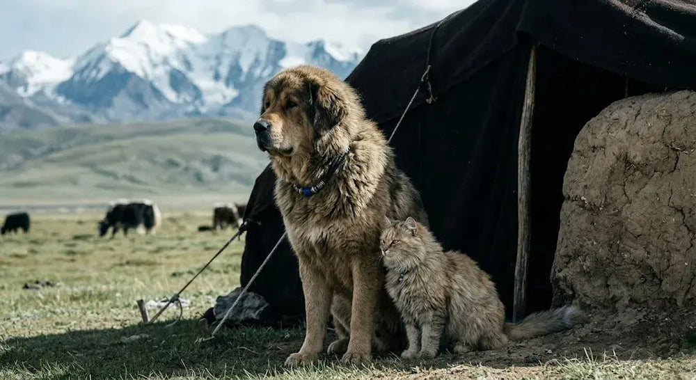Tibetan Mastiff seated beside a small ginger cat at the threshold of a black yak-hair nomad tent on the high Tibetan plateau, with snow-capped peaks and grazing yaks behind; the mastiff wears a simple cord collar with a single blue bead