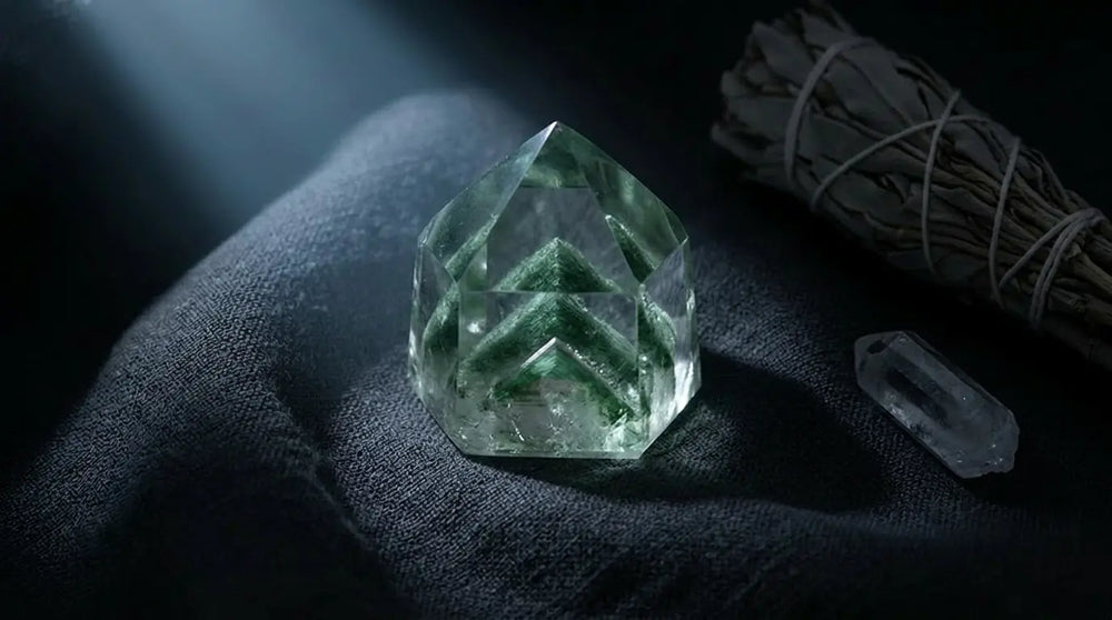 Polished clear quartz tower with three chevron-shaped green chlorite phantom layers visible inside, a ghost-mountain stratification, on a dark slate gradient background.