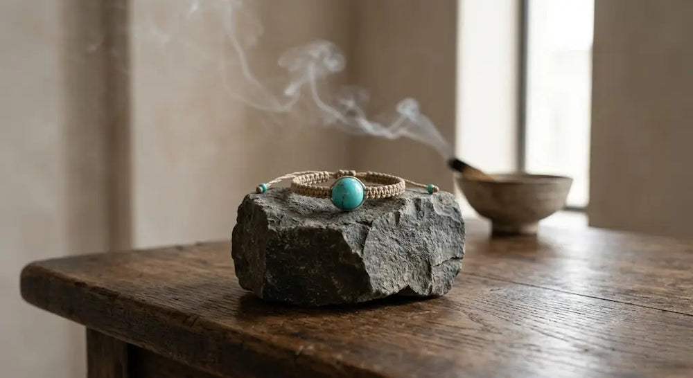 À la luck simple hand-knotted natural cream cotton bracelet with one round natural turquoise centre bead resting on a small grey raw stone block, with soft incense smoke drifting from a ceramic bowl behind