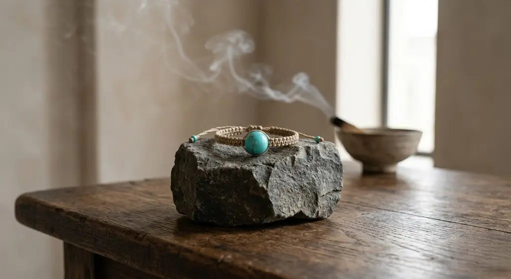 À la luck simple hand-knotted natural cream cotton bracelet with one round natural turquoise centre bead resting on a small grey raw stone block, with soft incense smoke drifting from a ceramic bowl behind