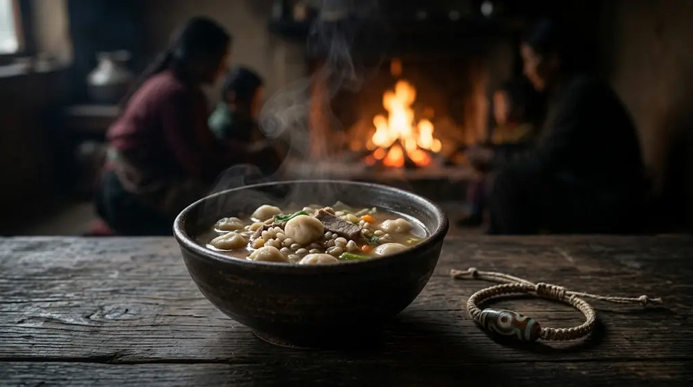 Steaming earthenware bowl of Tibetan guthuk dumpling soup on a dark wooden table by a hearth fire, with a Tibetan family seated by the fireplace in soft focus and a hand-knotted hemp bracelet with a single dzi bead resting beside the bowl