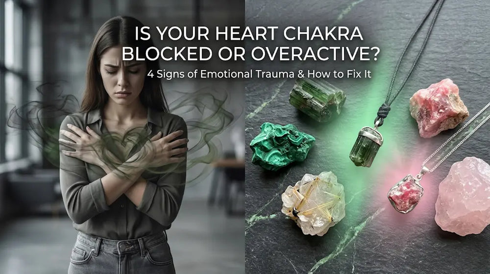 Split editorial: woman with arms crossed over chest and a green smoke heart shape on left; green tourmaline pendant, rose quartz, rhodochrosite, malachite and golden rutilated quartz on green slate on right. IS YOUR HEART CHAKRA BLOCKED OR OVERACTIVE?