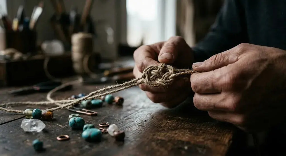 Macro of maker's weathered hands tying a tight knot in natural hemp cord on a dark workbench, with raw turquoise nuggets, copper jump rings and a clear quartz point scattered in the foreground — hemp vs elastic cord guide