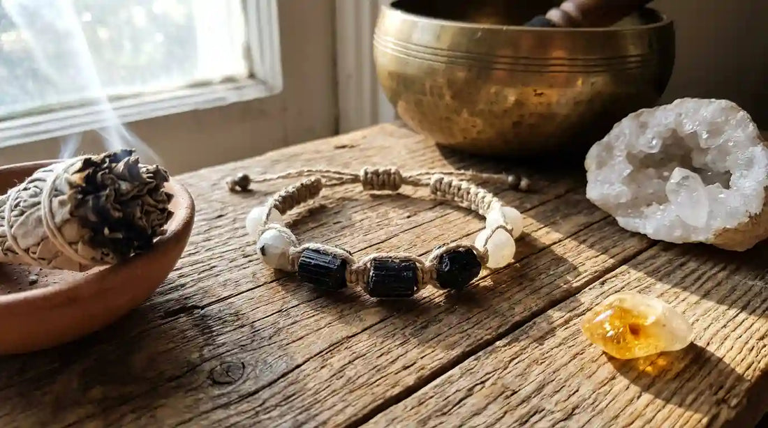 À la luck hand-knotted talisman bracelet on weathered wood beside a smouldering smudge bowl, brass singing bowl, raw clear quartz cluster and citrine — care and cleansing ritual setup