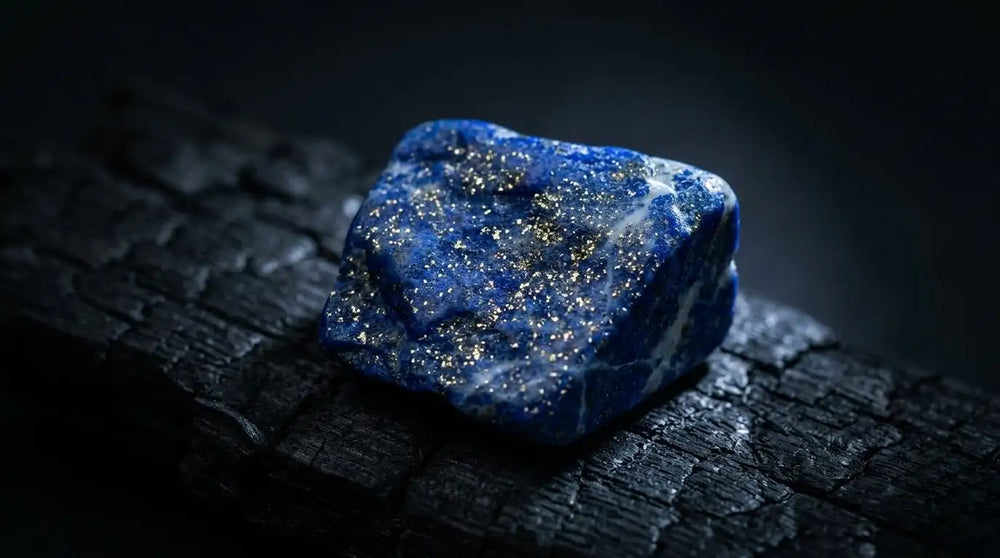 Macro of a single raw natural lapis lazuli rough showing deep royal blue with abundant golden pyrite specks and white calcite veins on charred dark wood — featured image for the lapis lazuli meaning, throat chakra and truth guide